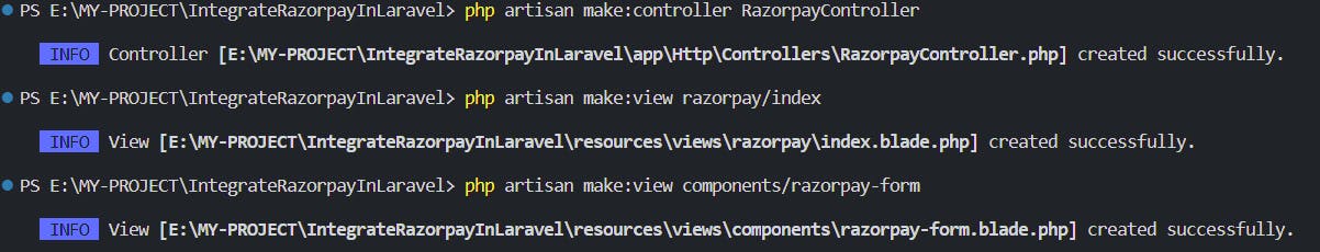 view and controller creation in razorpay integration in laravel