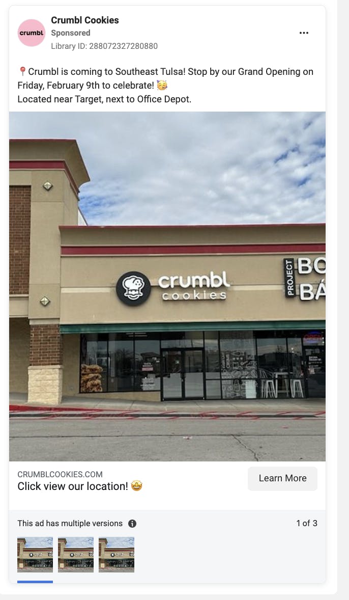 How Crumbl Cookie runs their Facebook ads