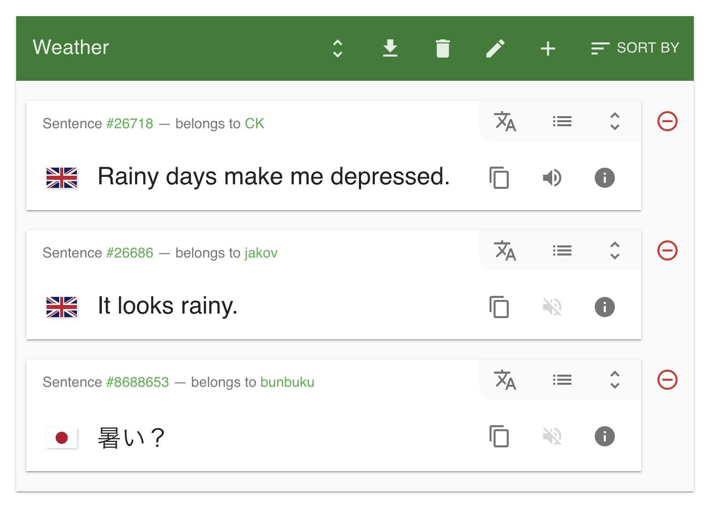 A screen capture of a list called "Weather", on tatoeba.org. It contains three rows, each with a sentence in English or Japanese, as well as some buttons. Notably, the top row has a volume icon, and the other two rows have a muted volume icon.