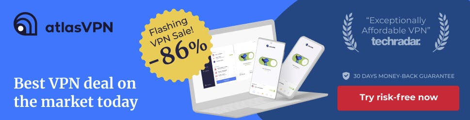 AtlasVPN advertisement banner highlighting an 86% off sale with an endorsement from TechRadar, offering the best VPN deal available.