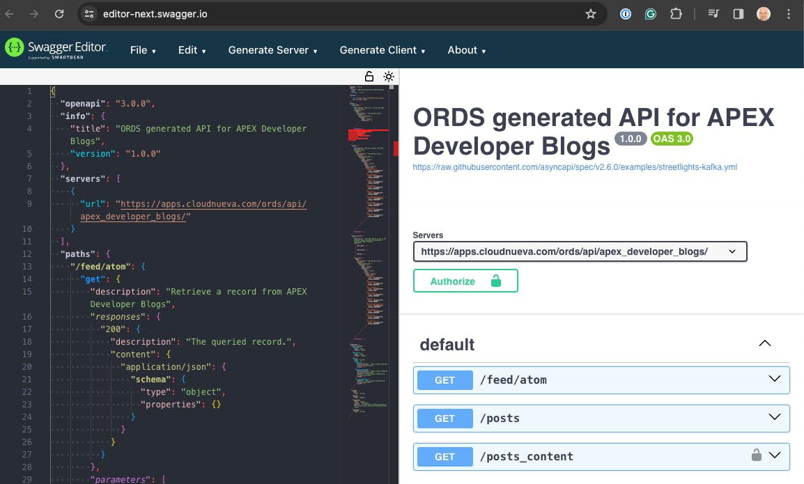 SmartBear OPEN API Documentation Editor with ORDS Open API JSON