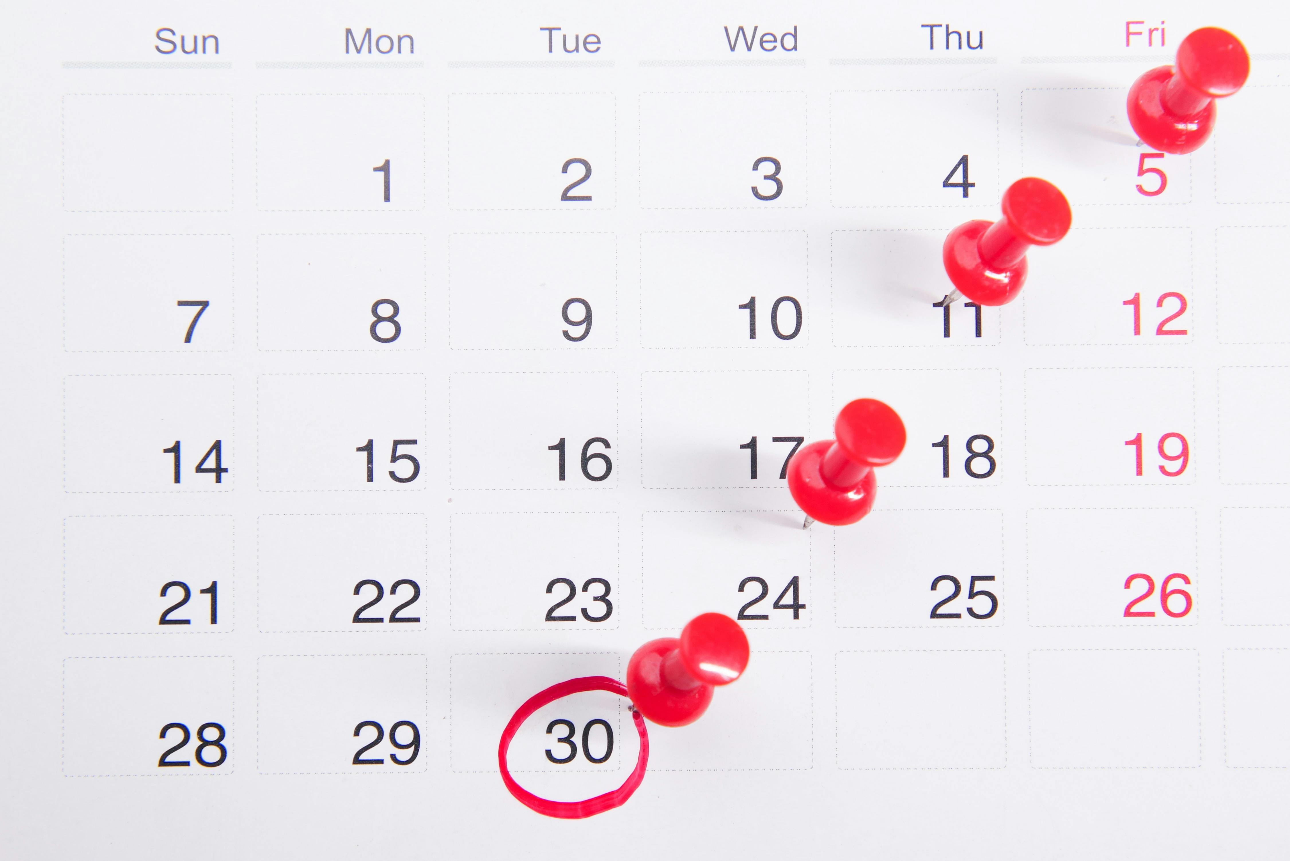 photograph of a month on a calendar, with weekly milestone dates highlighted by red stick pins