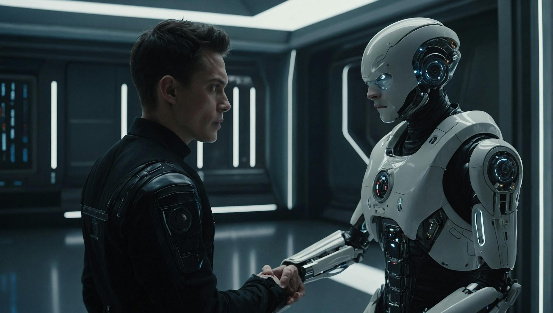 A person and a robot holding hands that can never let go of one another, even if they tried.