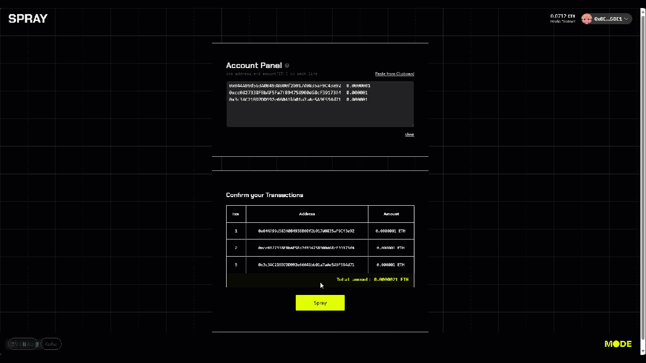 An animated image showing the user clicking on the spray button and approving the transaction in metamask