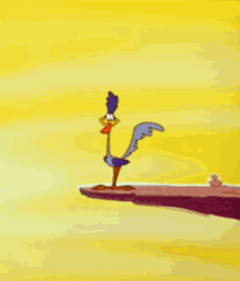 Roadrunner cartoon character on a thin rock ledge jumping up while saying "meep meep!" then speeding away
