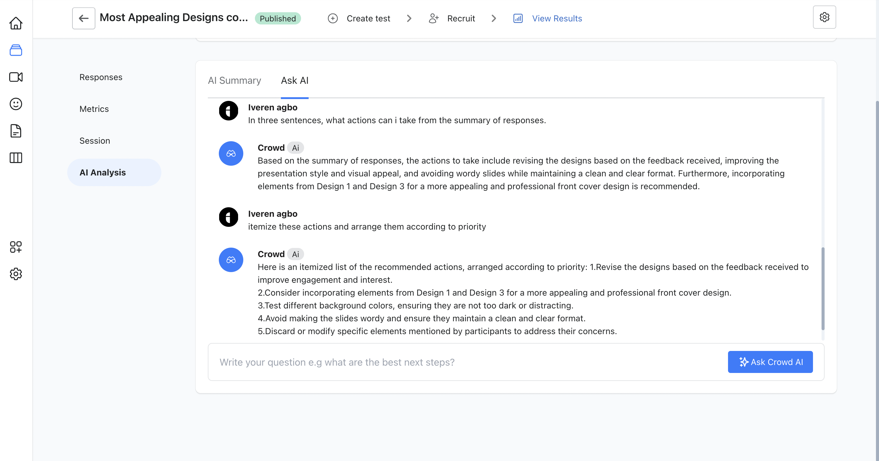 "Ask AI" feature on Crowd providing answers to a user asking for further insights