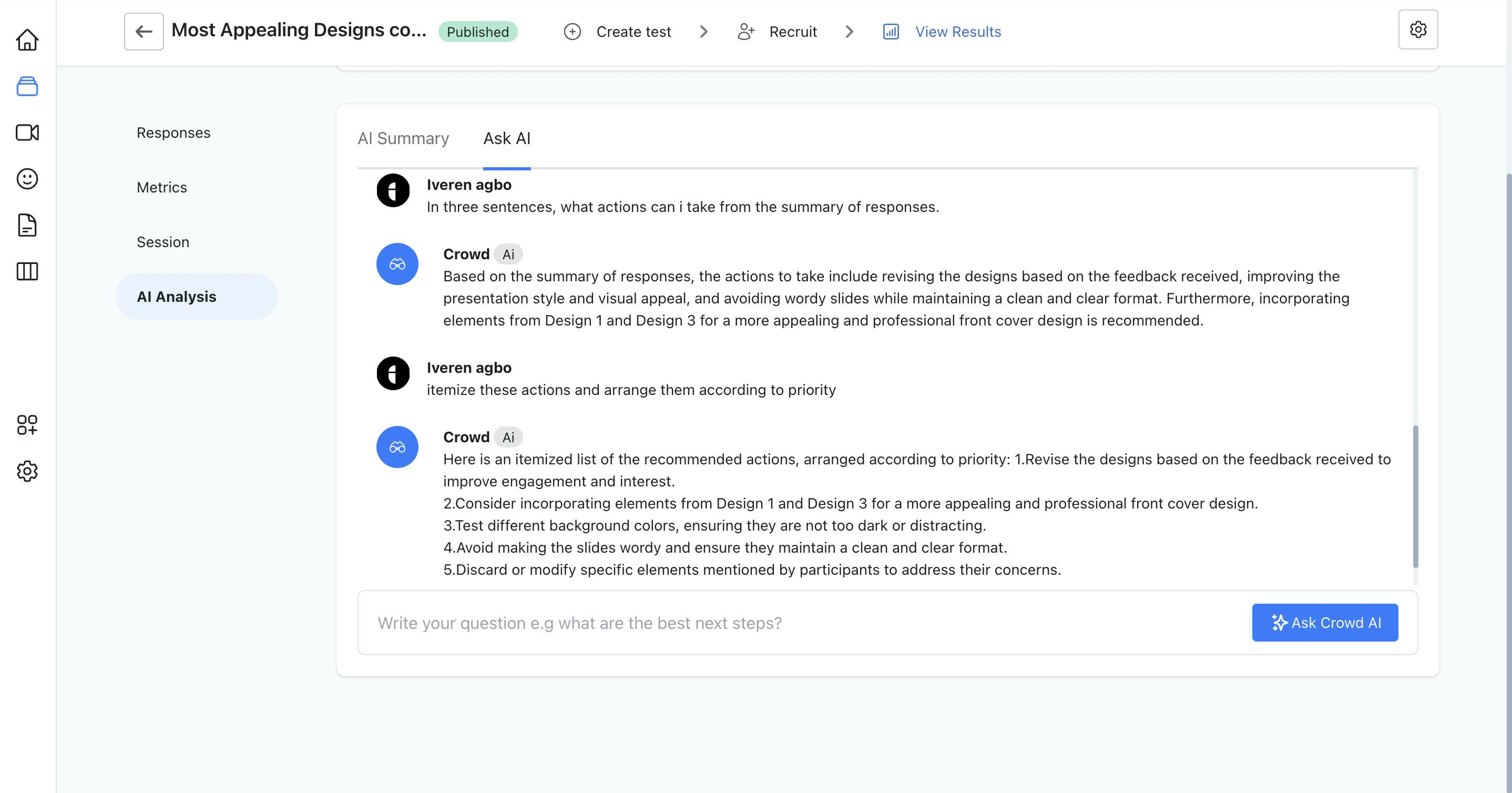 "Ask AI" feature on Crowd providing answers to a user asking for further insights