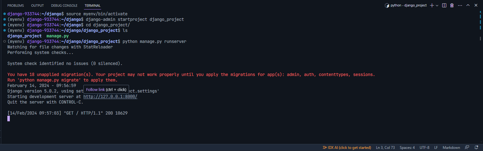 django server started in project idx terminal