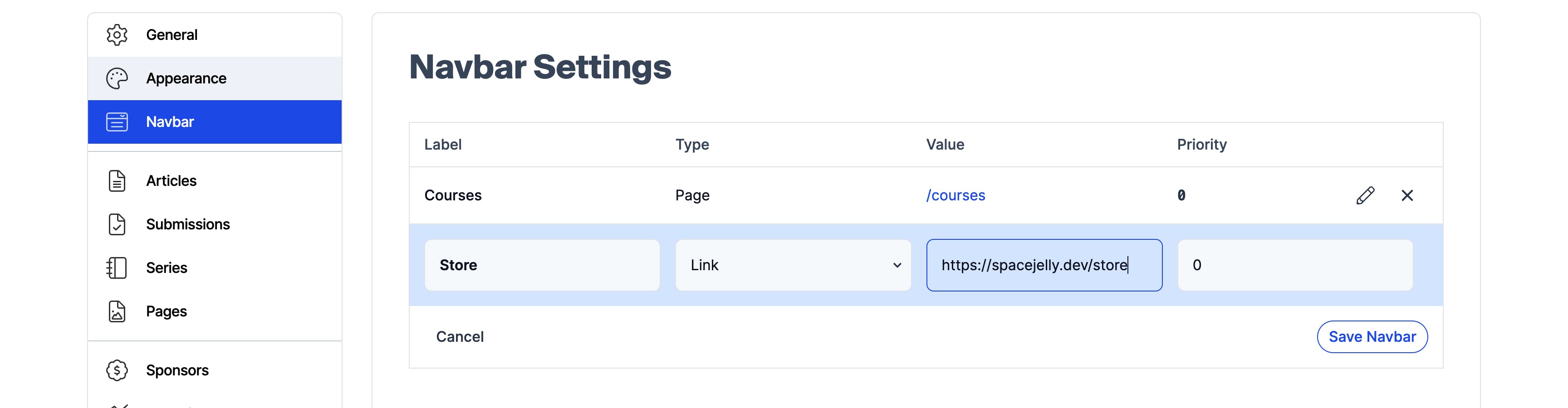 Navbar settings Pages and Links