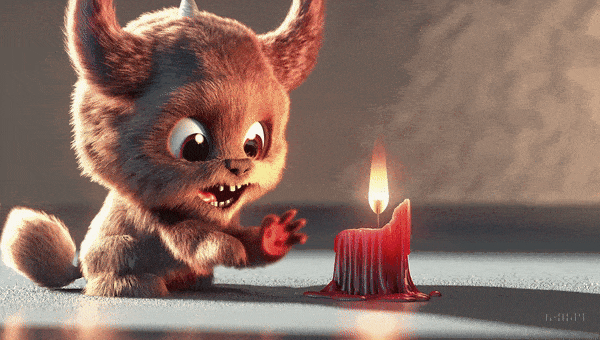 Prompt: Animated scene features a close-up of a short fluffy monster kneeling beside a melting red candle. The art style is 3D and realistic, with a focus on lighting and texture. The mood of the painting is one of wonder and curiosity, as the monster gazes at the flame with wide eyes and open mouth. Its pose and expression convey a sense of innocence and playfulness, as if it is exploring the world around it for the first time. The use of warm colors and dramatic lighting further enhances the cozy atmosphere of the image.