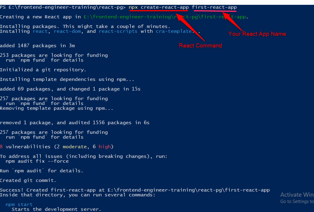 Create react app command npx create-react-app your-react-app-name