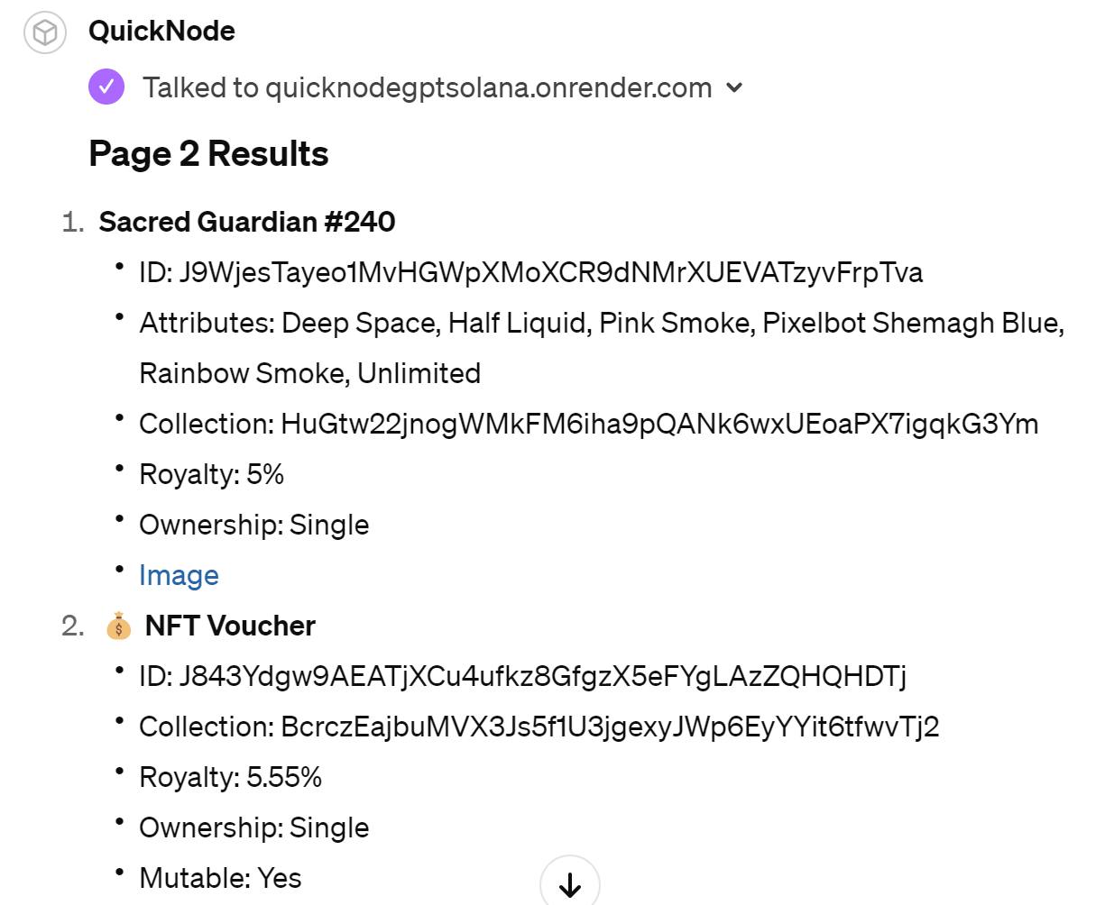 QuickNode gpt action values related to search nfts