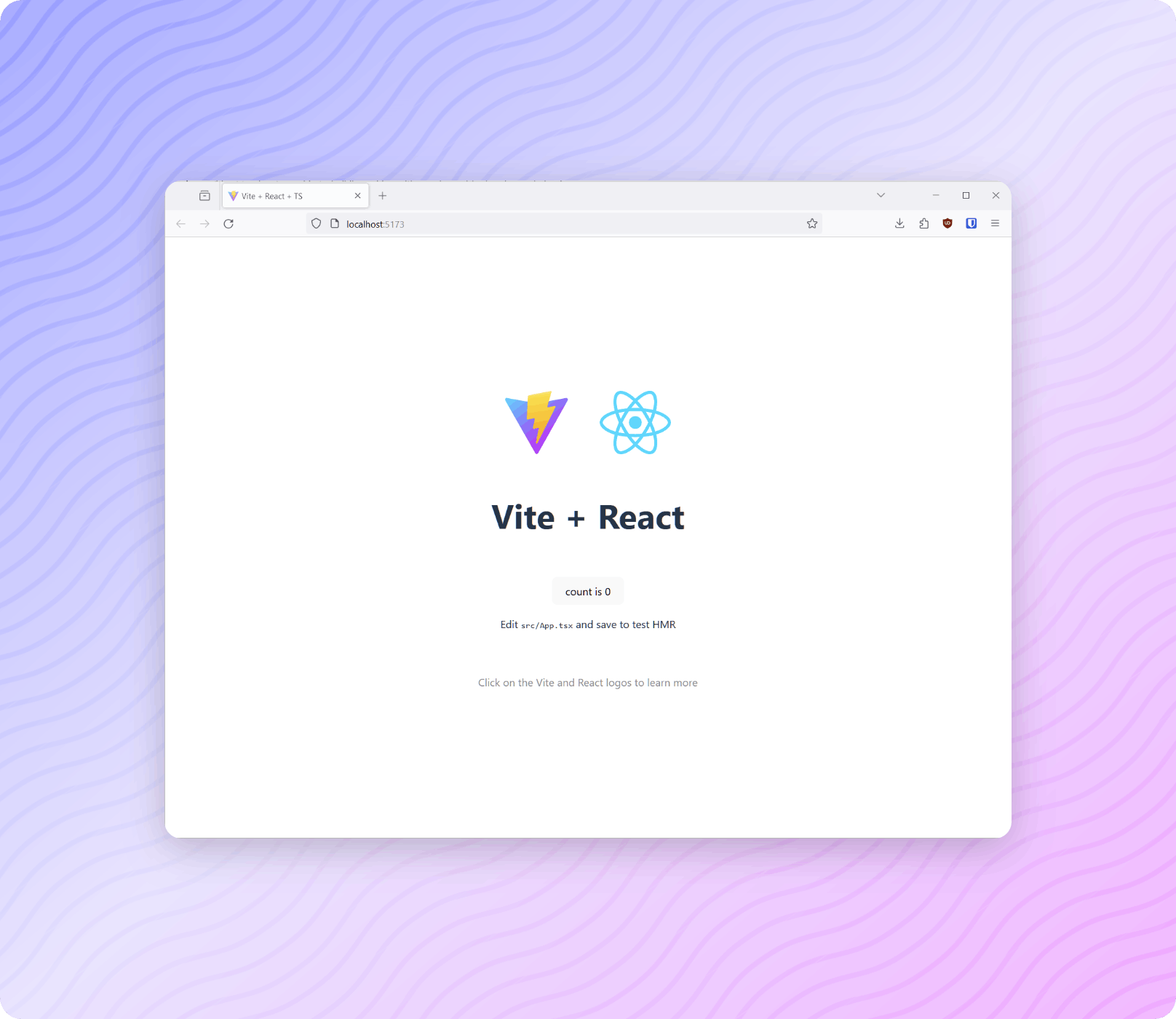 A screenshot of a computer browser displaying a simple web application interface with the title "Vite + React" and logos of Vite and React, showing a counter set to zero.