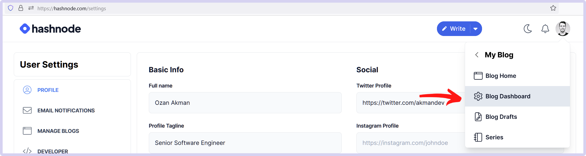 A screenshot of a user settings page on the Hashnode website, displaying sections for profile, basic info, social media links, and blog management options.
