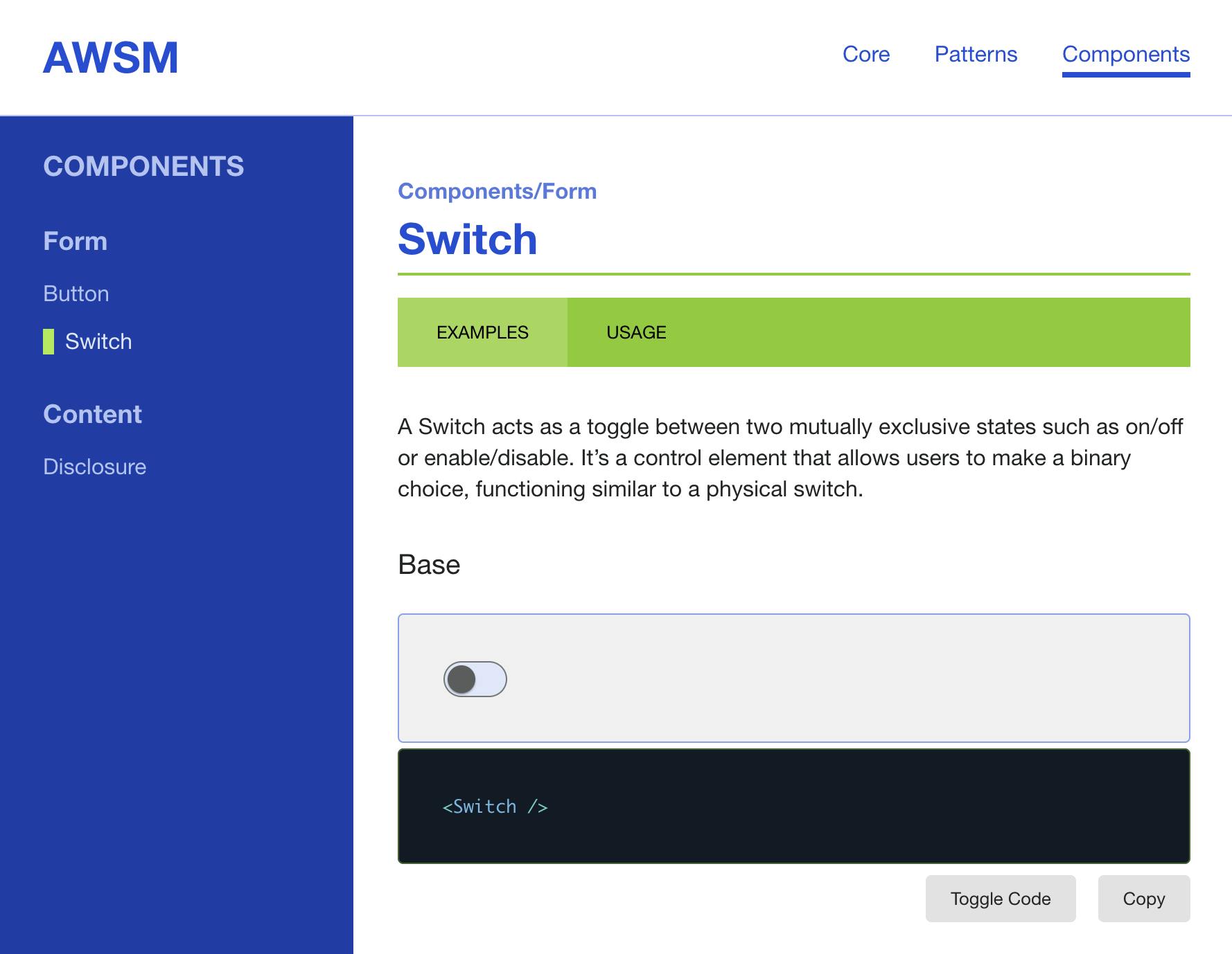 awsm-docs website - Switch component page