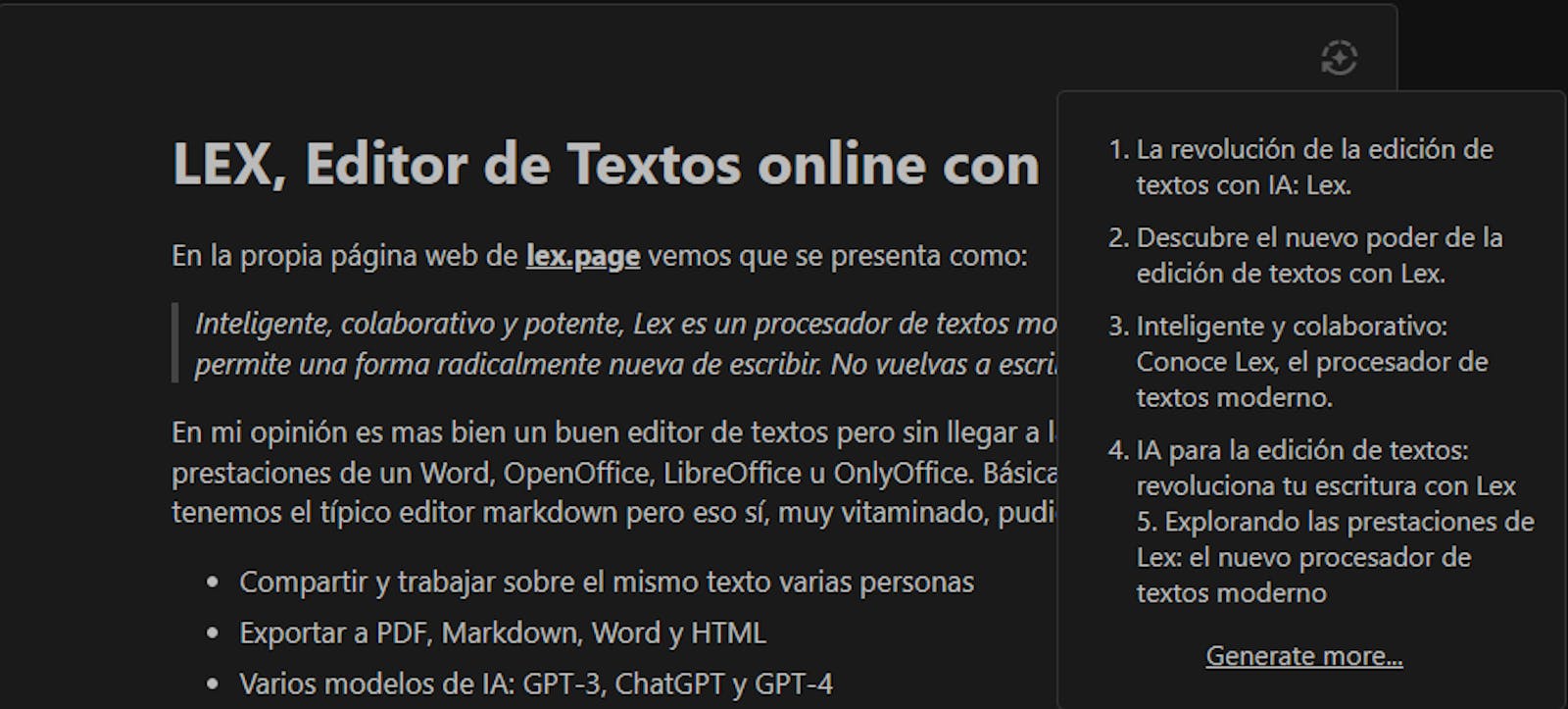 LEX, Editor de Textos online con IA