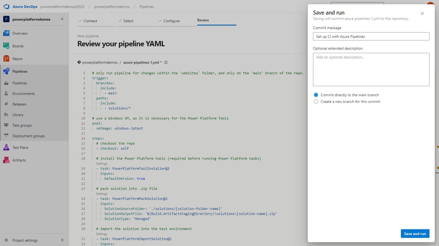 Screenshot of 'Save and run' step of creating a new Azure DevOps pipeline