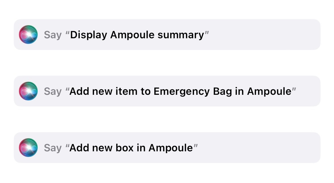 Siri tips showing some phrases you can say to use Ampoule with Siri.