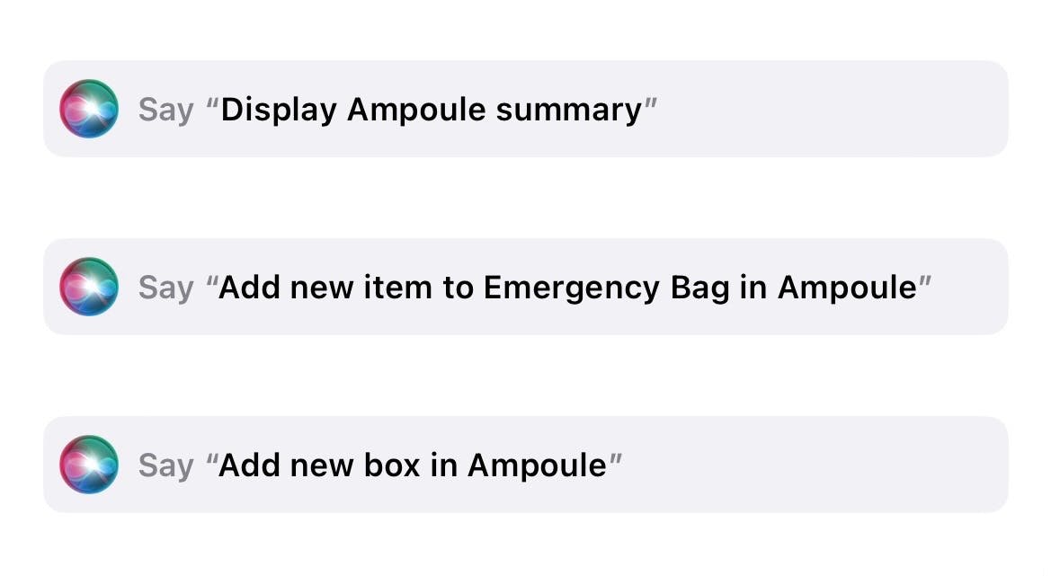 Siri tips showing some phrases you can say to use Ampoule with Siri.