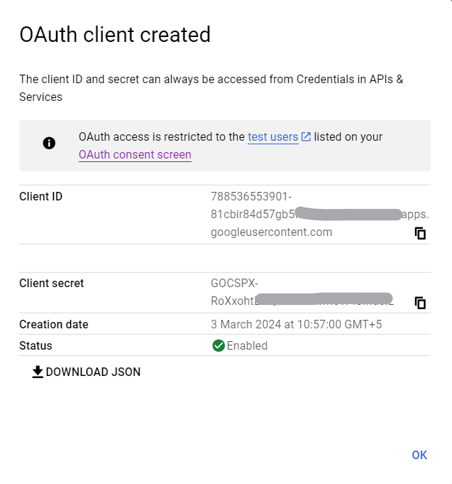 OAuth 用戶端已建立