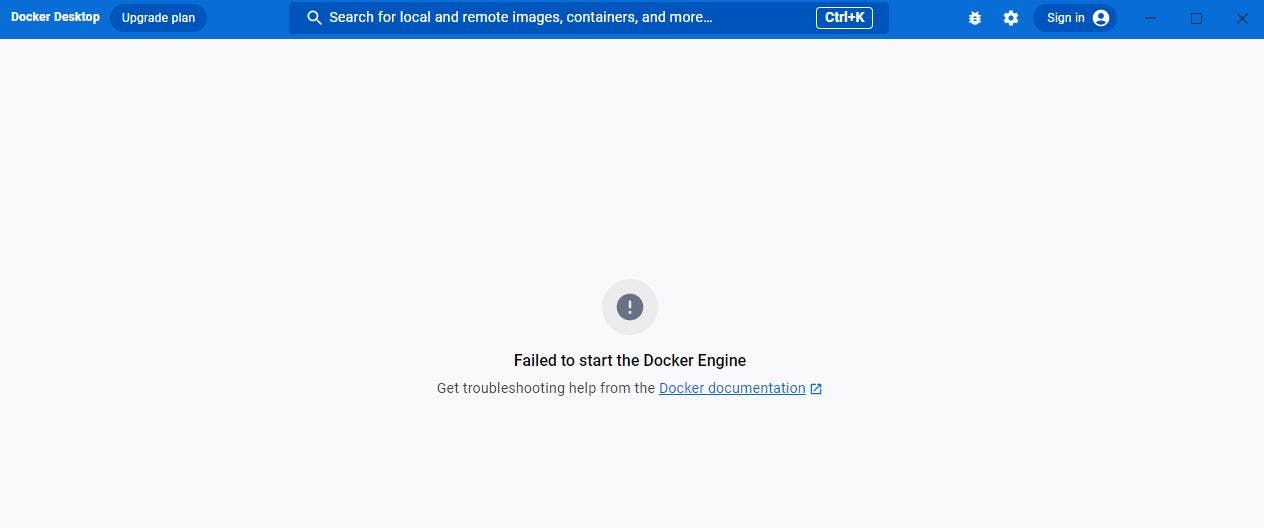 an image showing the "failed to start the docker engine error"