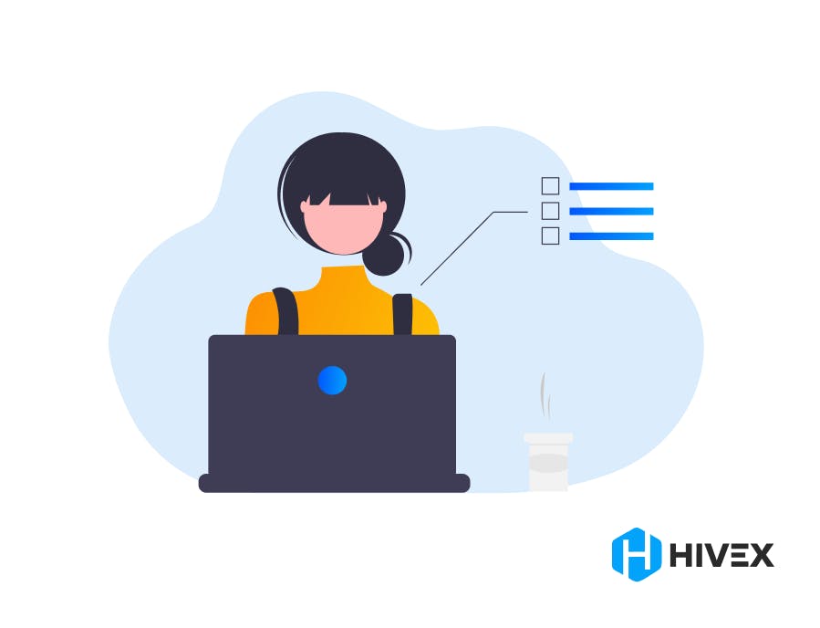 AI Engineer Job Description: A focused female AI engineer working on her laptop with task lists, indicating the educational qualifications required in AI engineering, accompanied by the HIVEX logo."