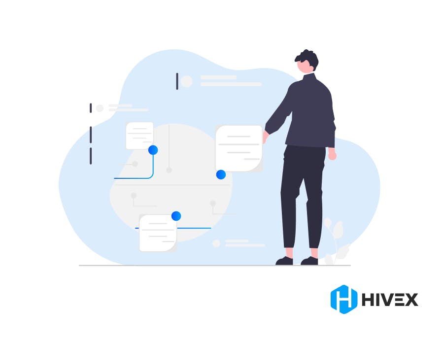 AI Engineer Job Description: A professional AI engineer analyzing complex data flows on a virtual interface, representing key responsibilities in AI development, with the HIVEX logo at the bottom.