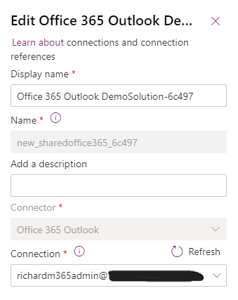 Office 365 Outlook connection reference details, with "Connection" listed in dropdown menu