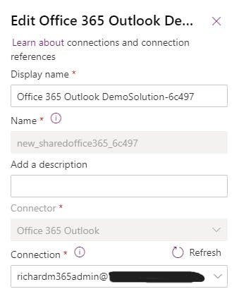 Office 365 Outlook connection reference details, with "Connection" listed in dropdown menu