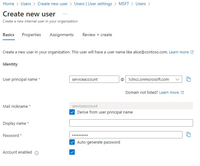 Create new user form using "serviceaccount" as the name of the service account being created, using all default options.