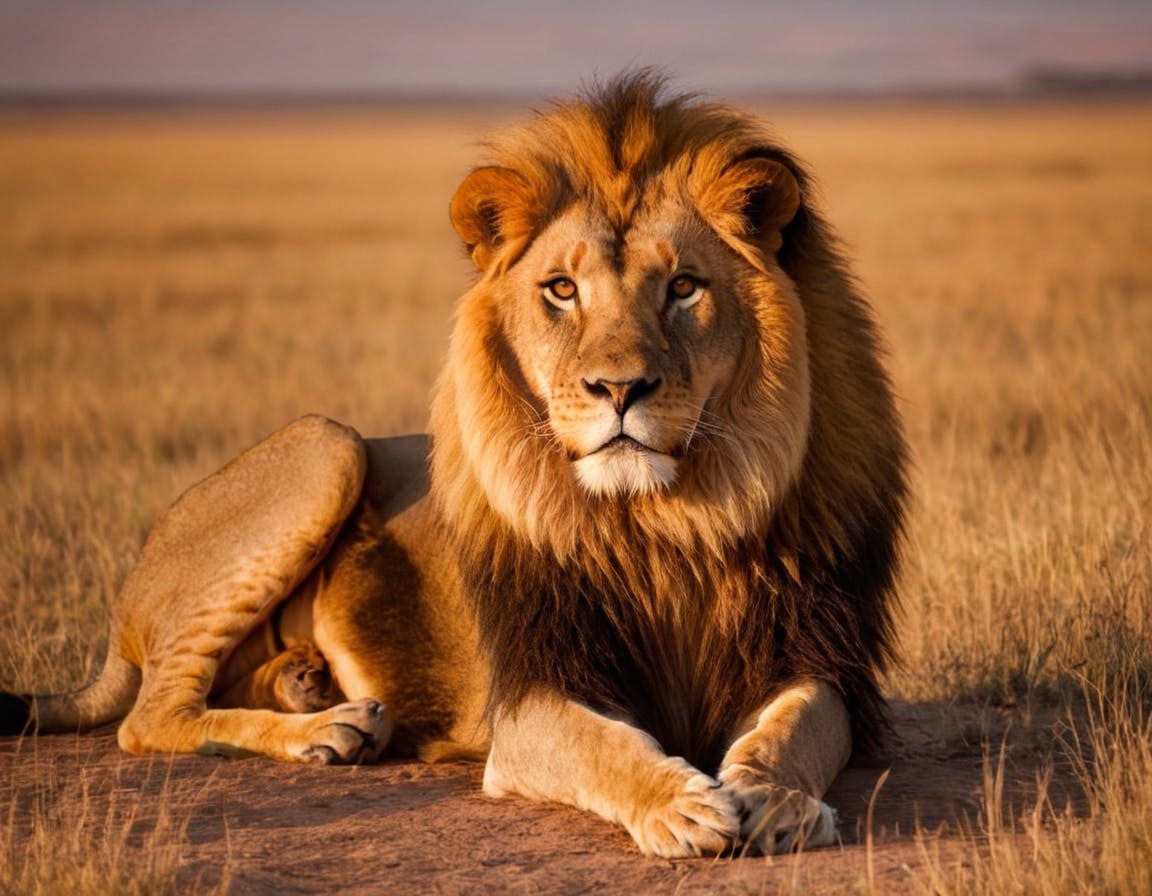 a majestic lion overlooking a vast savanna at sunset - Prompt