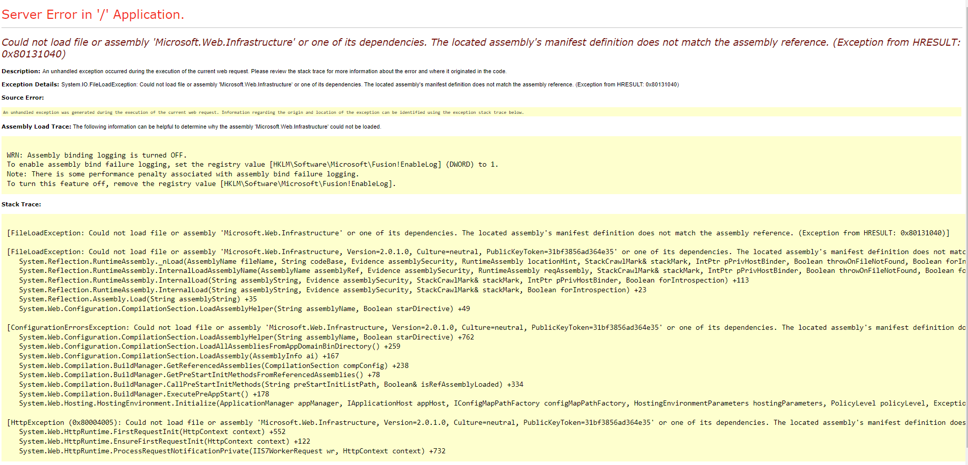 Could not load file or assembly 'Microsoft.Web.Infrastructure' or one of its dependencies.