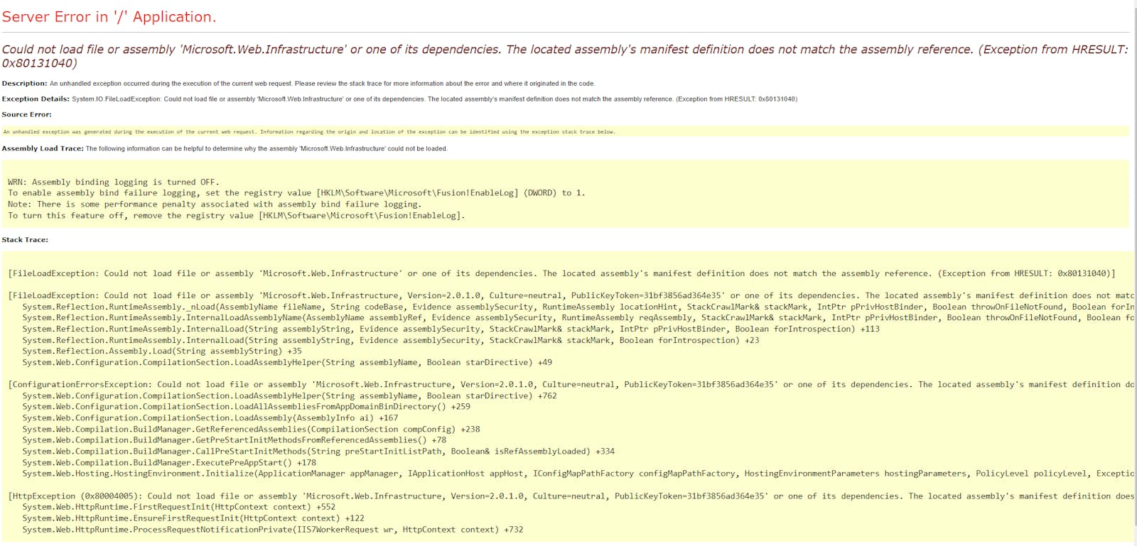 Could not load file or assembly 'Microsoft.Web.Infrastructure' or one of its dependencies.