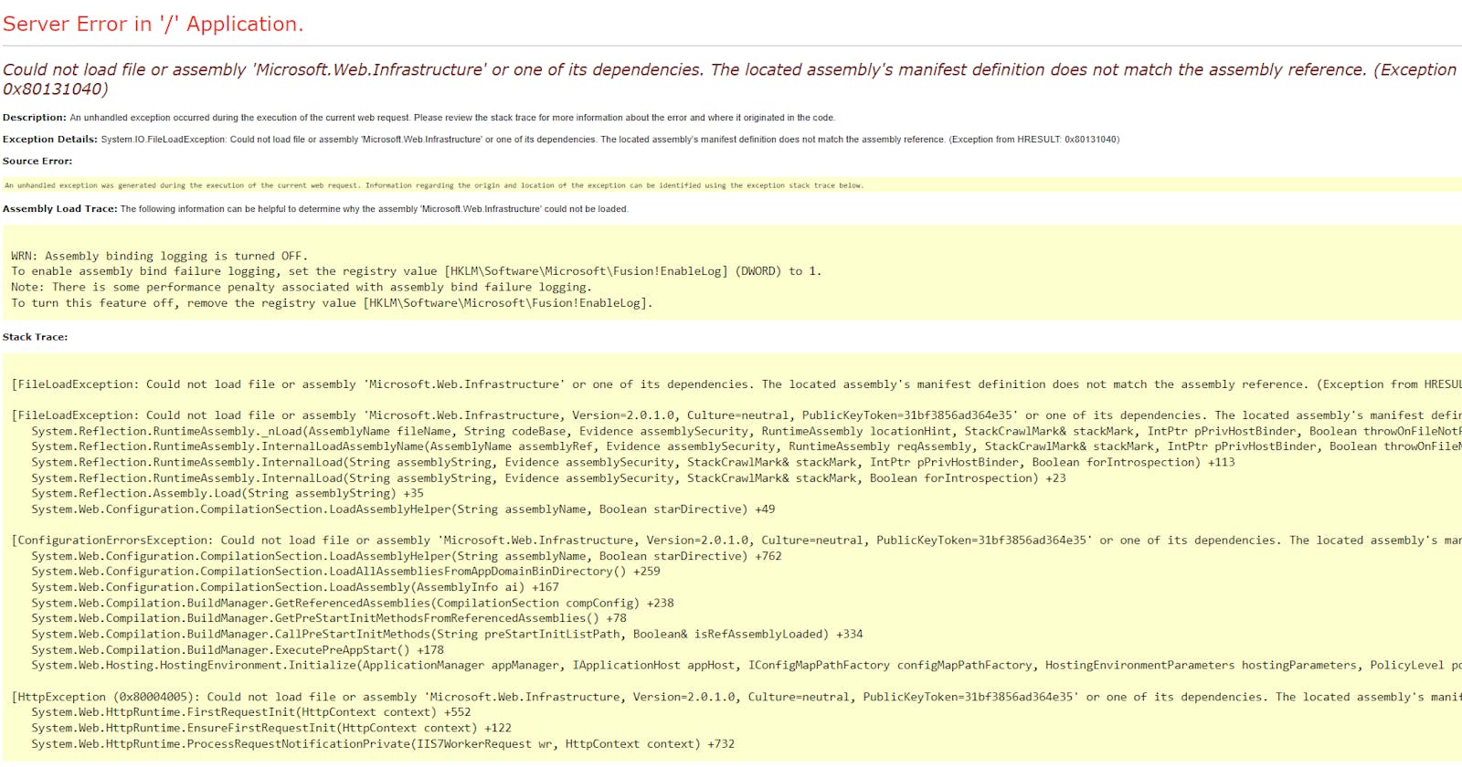 Could not load file or assembly 'Microsoft.Web.Infrastructure' or one of its dependencies.