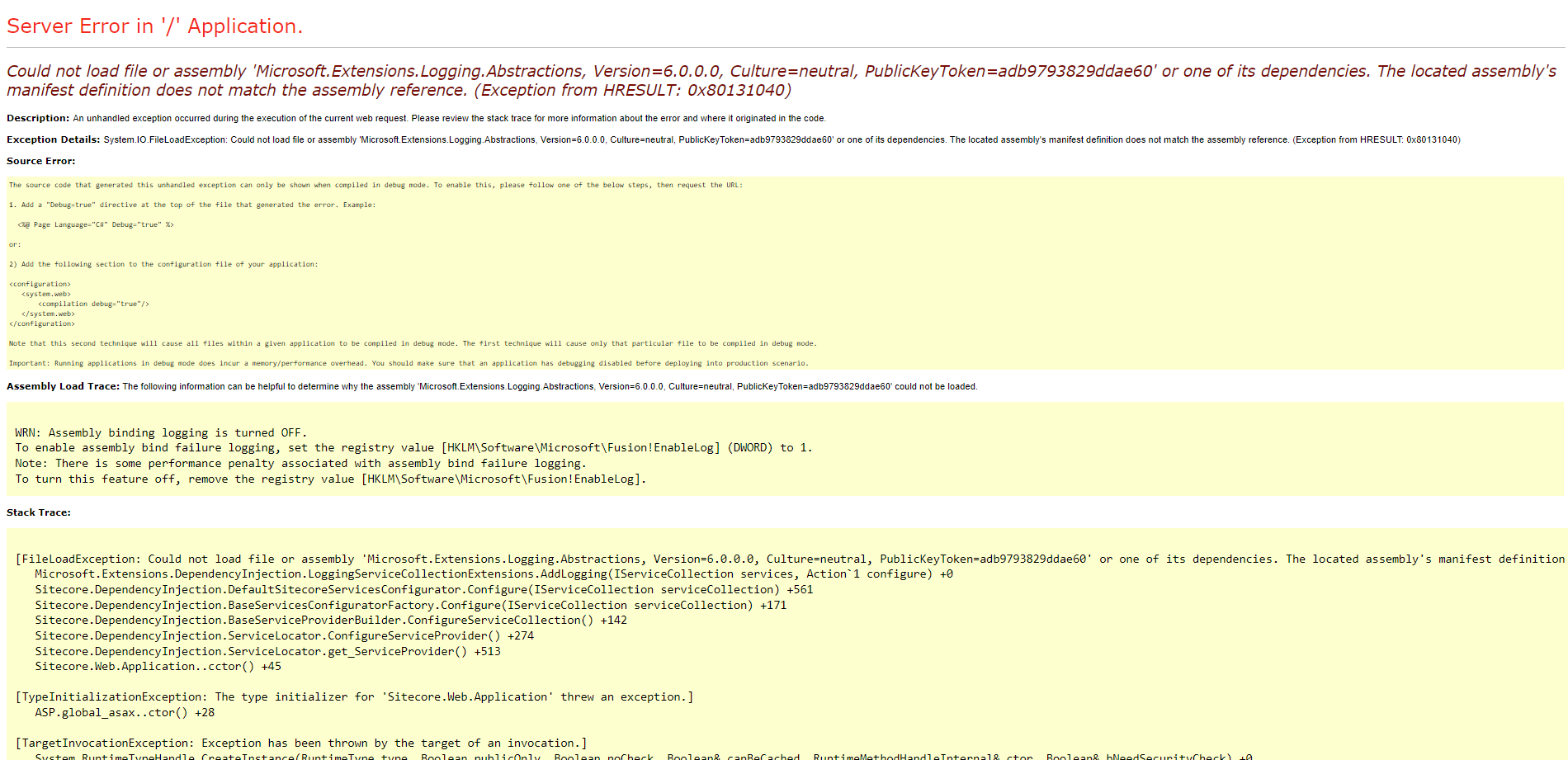 Could not load file or assembly 'Microsoft.Extensions.Logging.Abstractions, Version=6.0.0.0, Culture=neutral, PublicKeyToken=adb9793829ddae60'