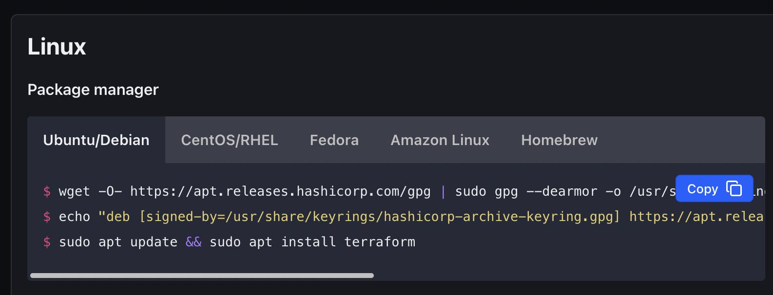 Part of web page source of commands to install Terraform CLI