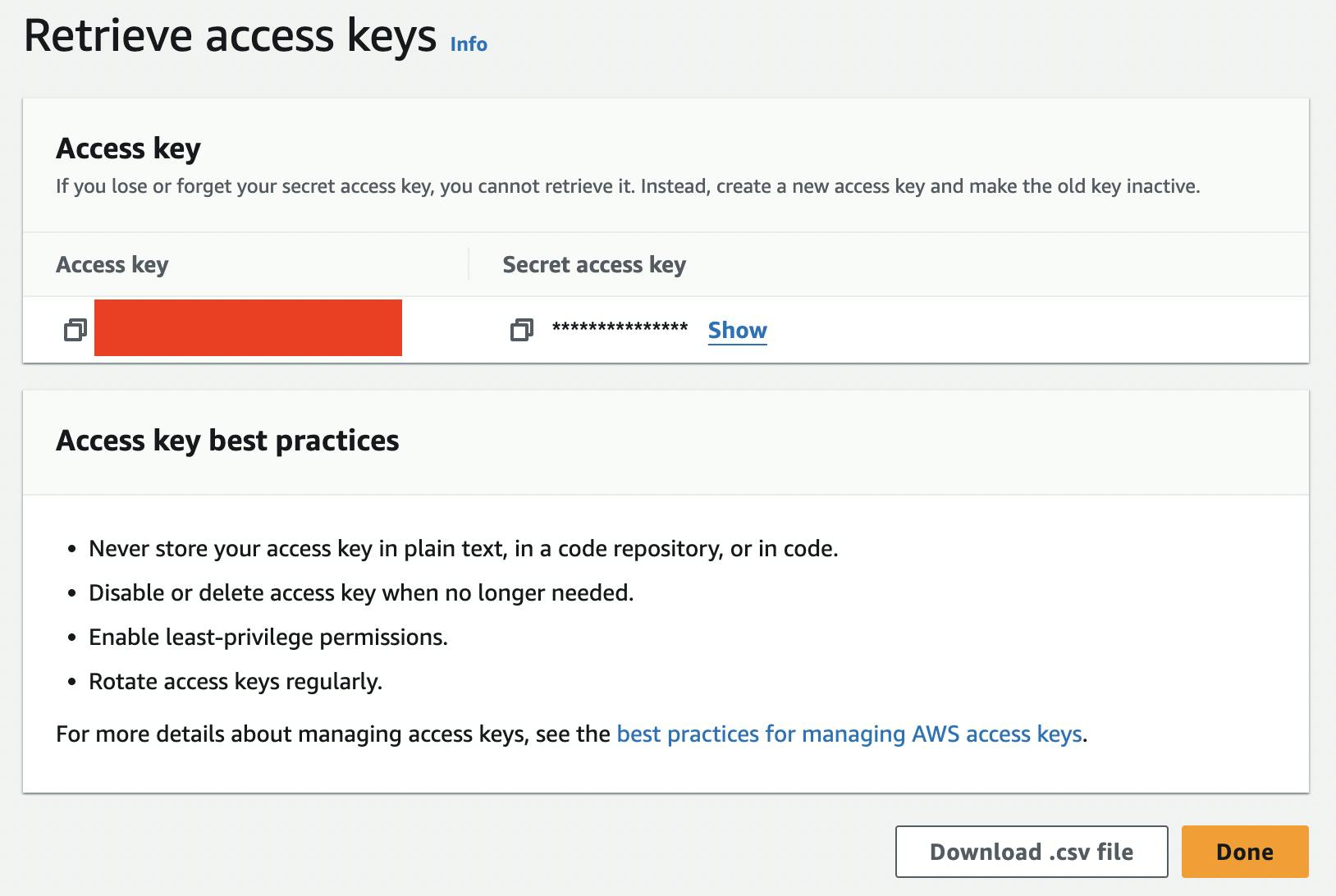Show the result page after the access key and its secret access key are created.