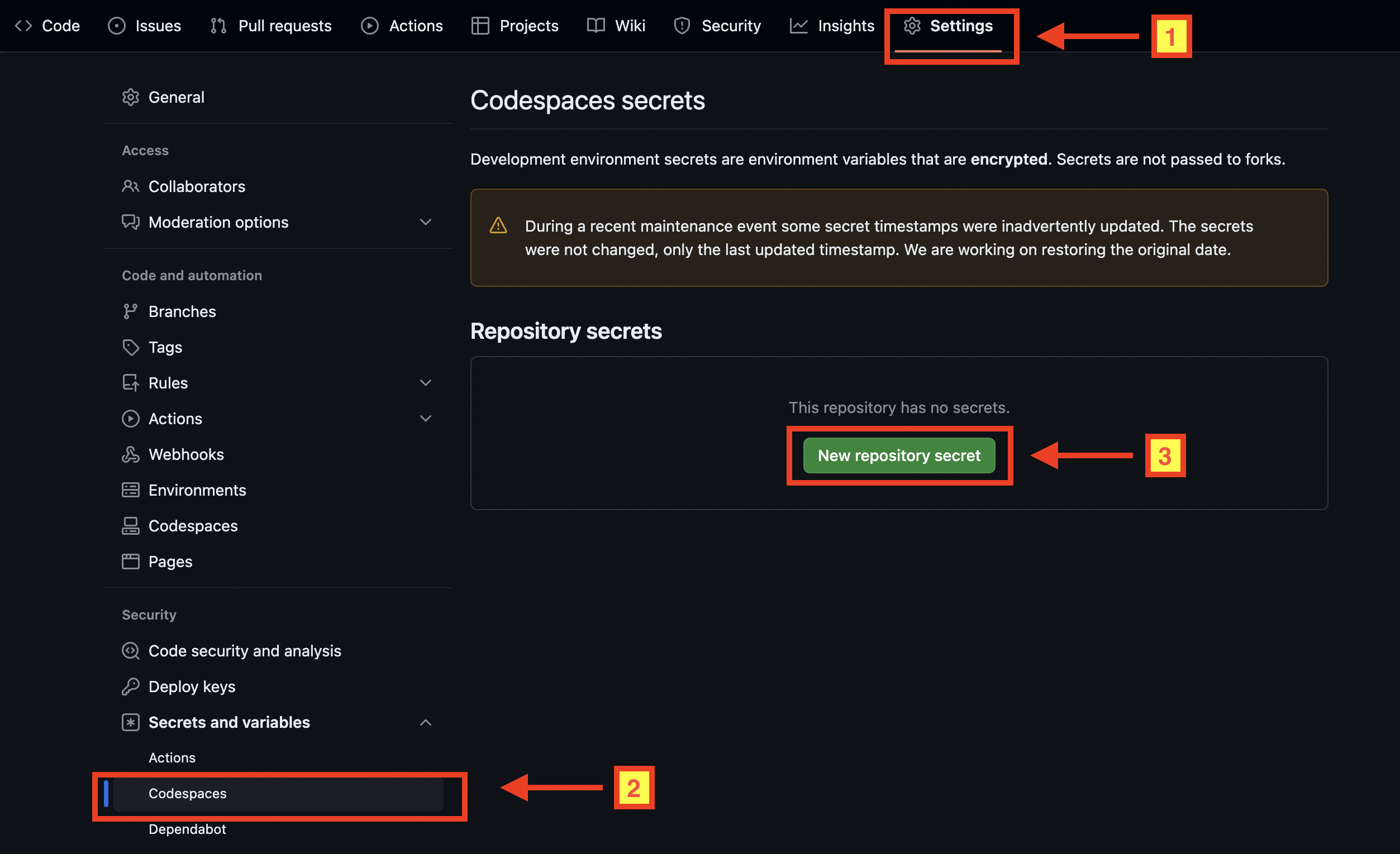 Show a GitHub web page to add repository secrets.