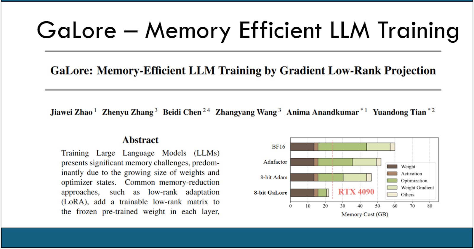 GaLore: Memory-Efficient LLM Training by Gradient Low-Rank Projection