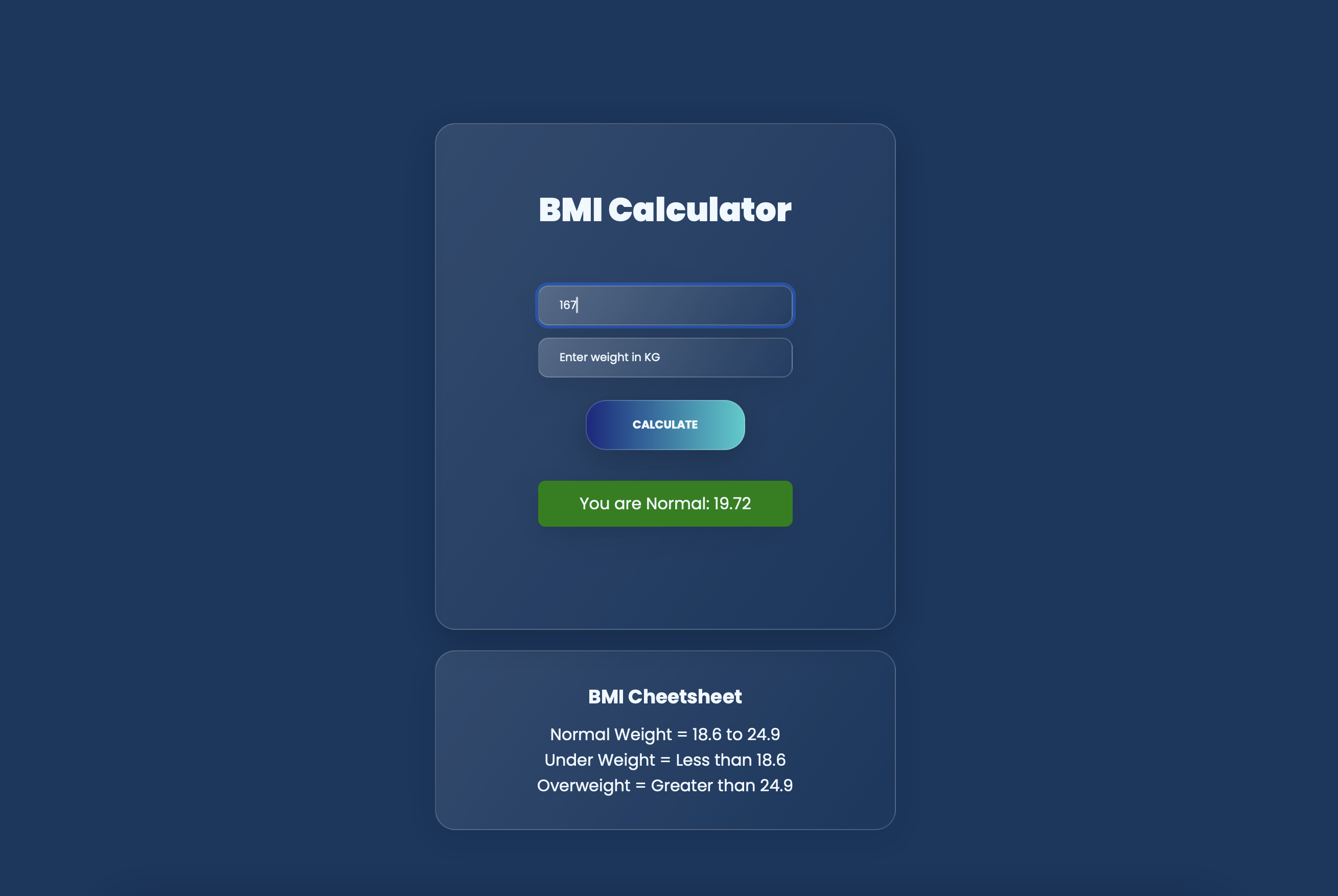 Building a BMI Calculator with Glassmorphism UI using HTML, CSS, and JavaScript.