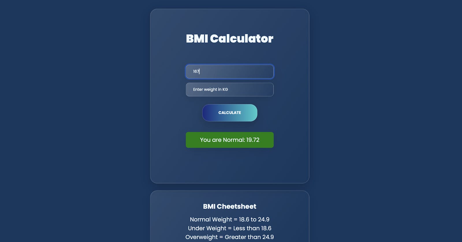 Building a BMI Calculator with Glassmorphism UI using HTML, CSS, and JavaScript.