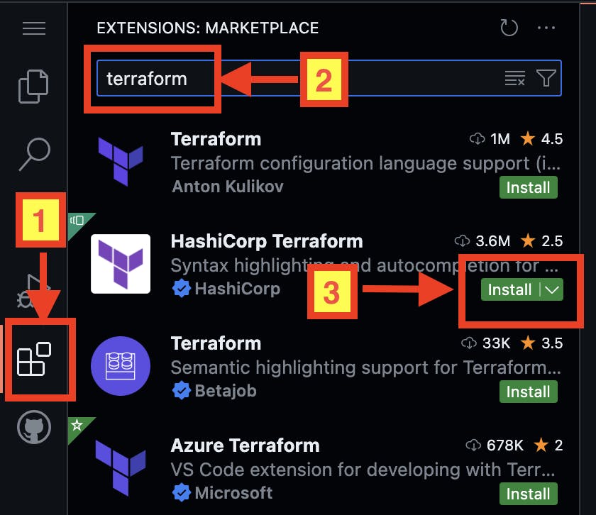 Show steps on UI to install Terraform VS Code extension in Codespace UI.