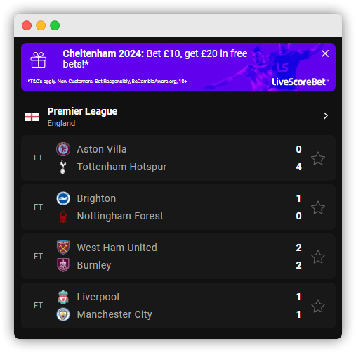 English Premier League Livescore used to illustrate a notification stream that doesnt' rely on previous events