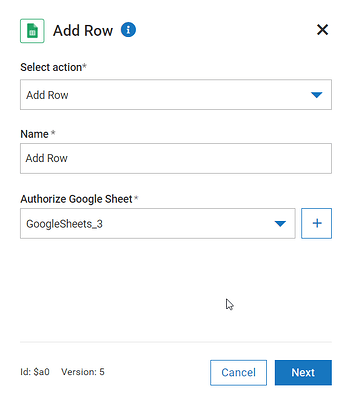 Google Sheets add row action