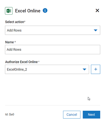 Excel Online add rows action