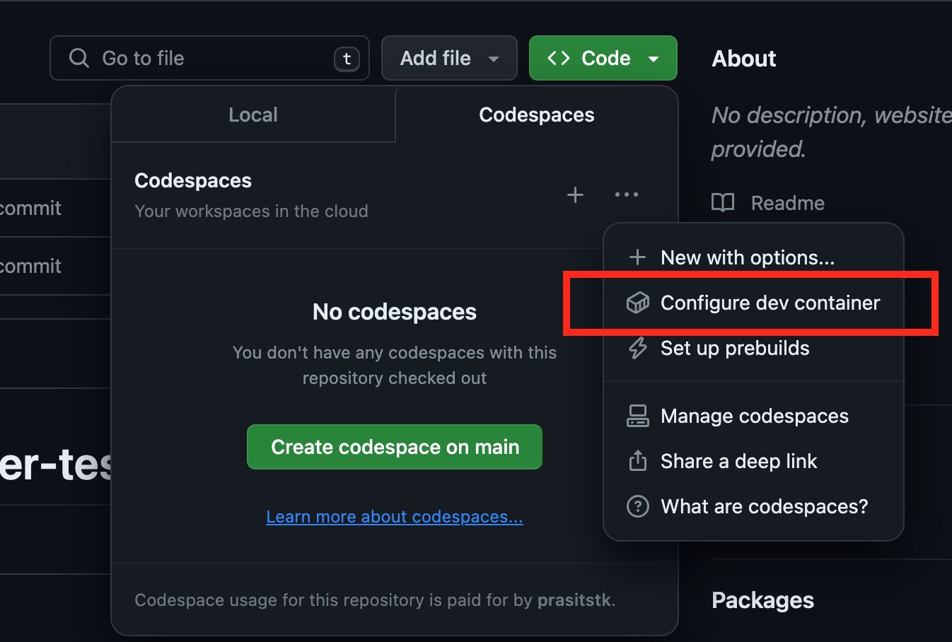 Select menu to configure dev container on your repository