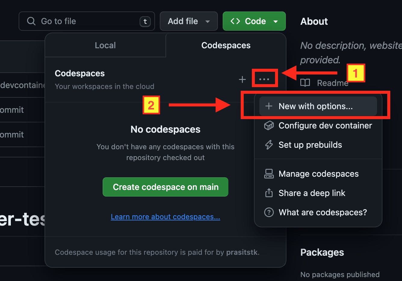 Navigate to the menu of the advanced options method to create a Codespace