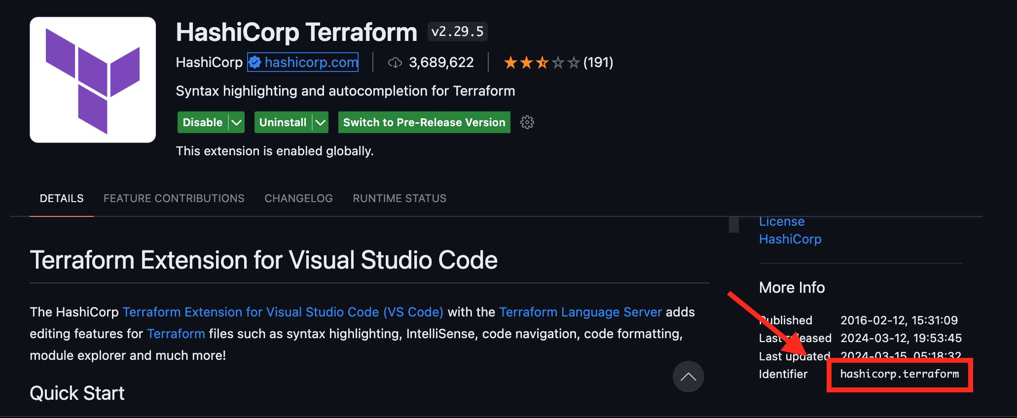 Navigate to the extension ID of the Terraform VS Code extension