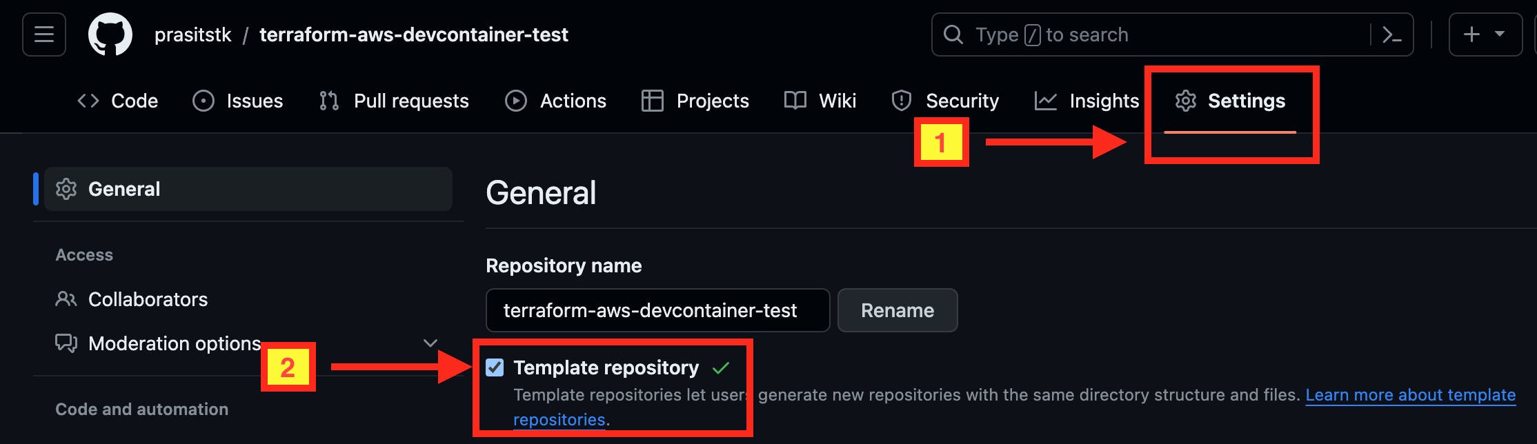 Navigate to where to make the repository as a template one.