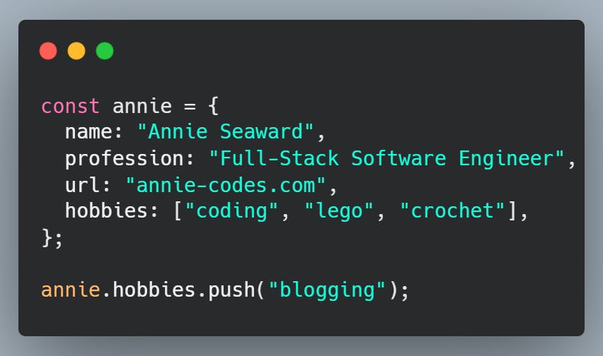 Coding showing Annie's interests and hobbies. Blogging is pushed as a new hobby.